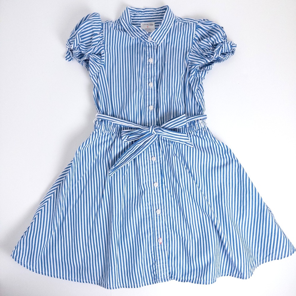 Crewcuts Puff Sleeve Striped Button Front Shirt Dress Blue White Girls Sz 6